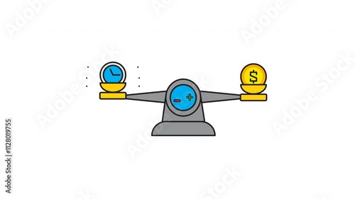 Animated of a balance scale comparing time and money, symbolizing the trade-off between time investment and financial value. Ideal for business, finance, or time management concepts. photo