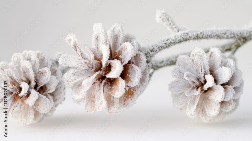 Three frosted pine cones display their intricate details against a clean white backdrop, capturing the essence of winter's beauty
