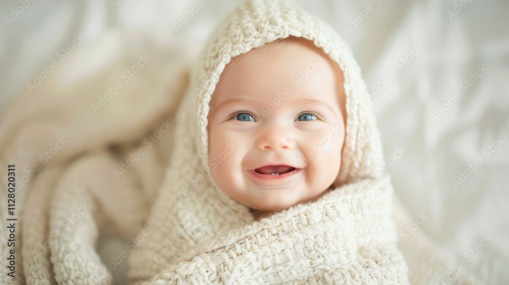 Joyful baby smiling brightly while wrapped snugly in a soft, textured blanket at home during a peaceful afternoon Joyful baby smiling brightly while wrapped snugly in a soft, textured blanket at home during a peaceful afternoon