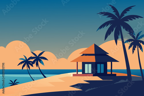 Hut on a tropical beach with palm trees isolated vector illustration