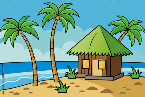 Hut on a tropical beach with palm trees isolated vector illustration