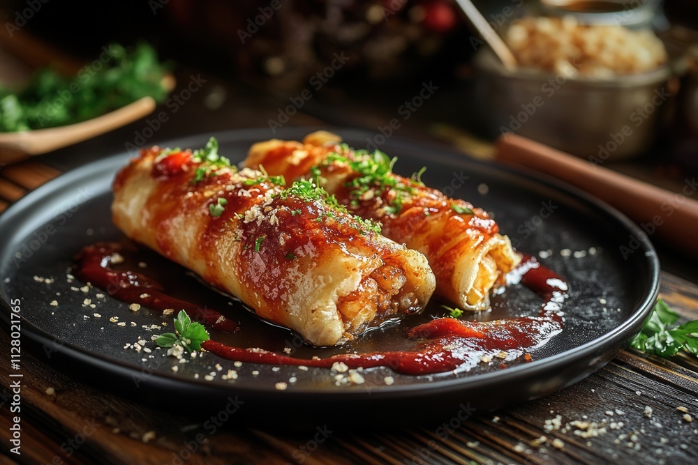 Delicious cannelloni pasta dish with meat filling and tomato sauce, garnished with herbs, served on a dark plate. Delicious cannelloni pasta dish with meat filling and tomato sauce, garnished with herbs, served on a dark plate.
