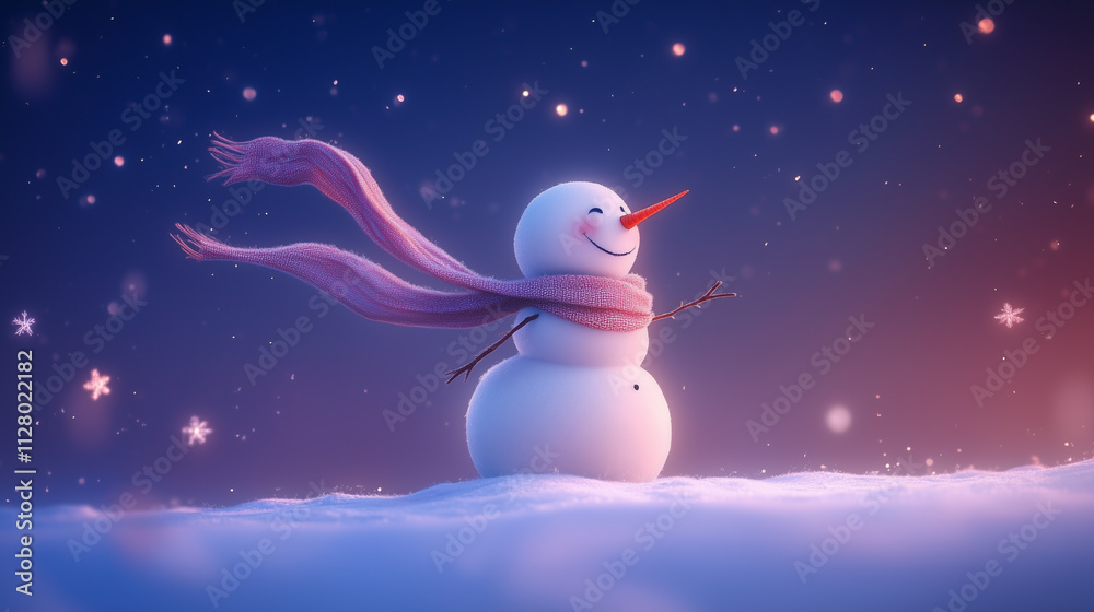 Obraz premium Cute snowman with scarf blowing in the winter breeze, stars twinkling against a serene snowy background-1