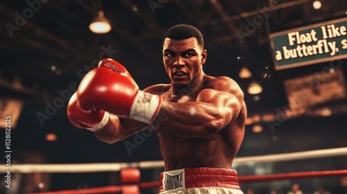 Muscular boxer, red gloves, ring, intense focus. photo