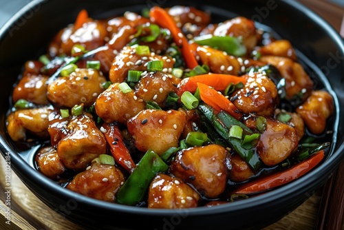Delicious chicken stir-fry with vegetables and sesame seeds in a black bowl.