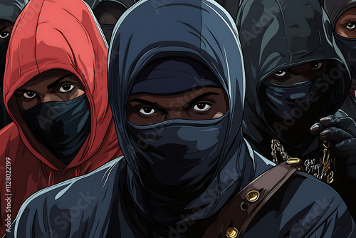 A group of masked individuals in hoods, conveying a sense of mystery and tension. photo