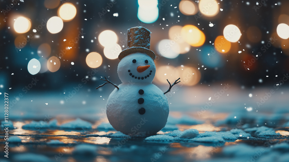 Obraz premium Elegant snowman standing with vibrant bokeh in serene snowfall-2