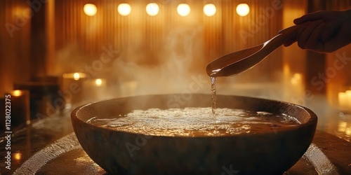 Sauna Infusion Water Poured from Wooden Ladle into Stone Bowl Warm Steam Rising