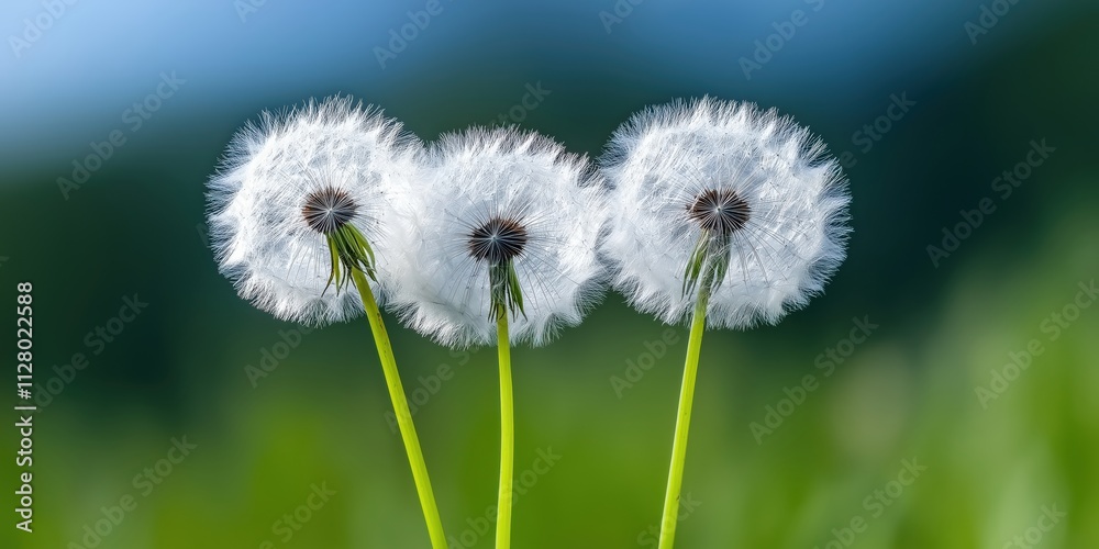 Three gentle dandelion puff balls stand tall, their delicate structure shimmering in the soft sunlight, symbolizing fragility and the beauty of nature's wonders. Three gentle dandelion puff balls stand tall, their delicate structure shimmering in the soft sunlight, symbolizing fragility and the beauty of nature's wonders.