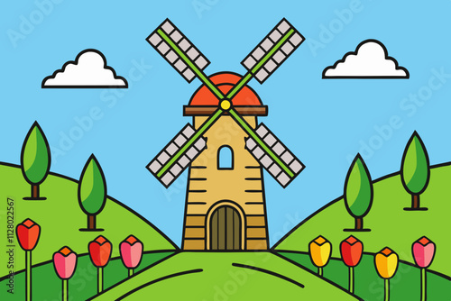 Windmill on a hill surrounded by tulips 