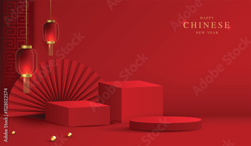 Chinese new year 2025 year of the snake for product. podium, backdrop, products showcase and promotion display on red background. lunar new year concept. vector design.