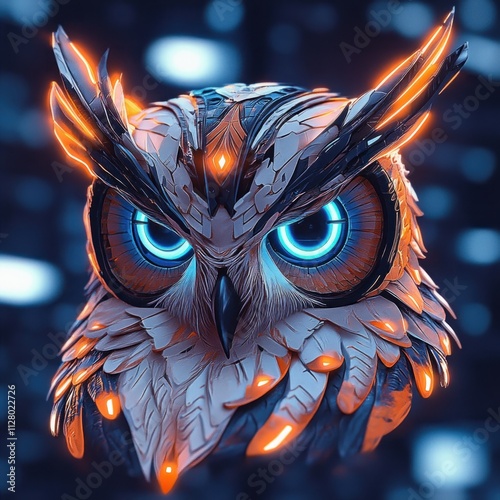 Futuristic Robotic Owl Illustration with Glowing Eyes and Metallic Textures photo