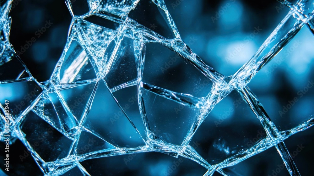 Close-up of shattered glass with a blue tint and blurred background. Close-up of shattered glass with a blue tint and blurred background.