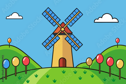 Windmill on a hill surrounded by tulips 