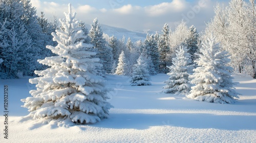 A snowy landscape with many pine trees covered in snow background outdoors scenery.