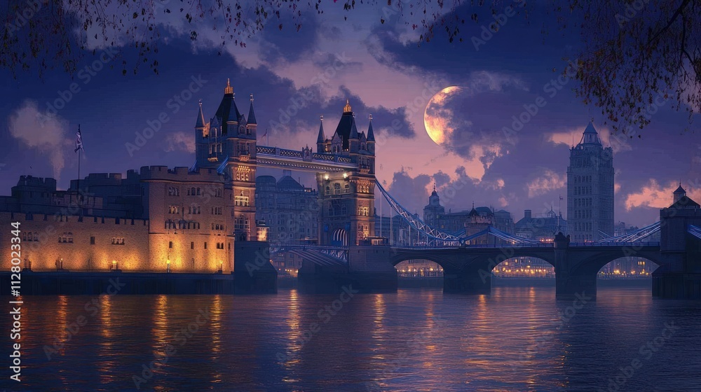 Fototapeta premium Night scene, Tower Bridge, moonlit river, London.