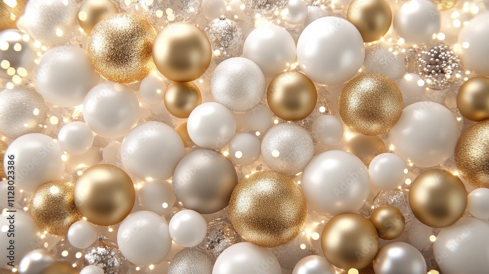 Festive golden and white decorative orbs event celebration abstract art indoor setting close-up view holiday vibes Festive golden and white decorative orbs event celebration abstract art indoor setting close-up view holiday vibes