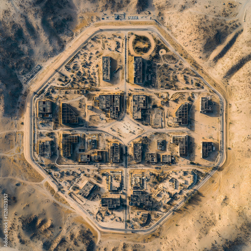 Drone surveillance of desert military base aerial view high-resolution image arid landscape top-down perspective military operations