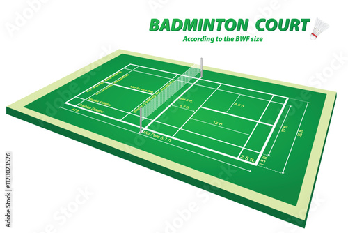 An illustration of badminton court with dimensions labeled according to Badminton World Federation (BWF) standards. The image highlights key measurements for singles and doubles play, including lines