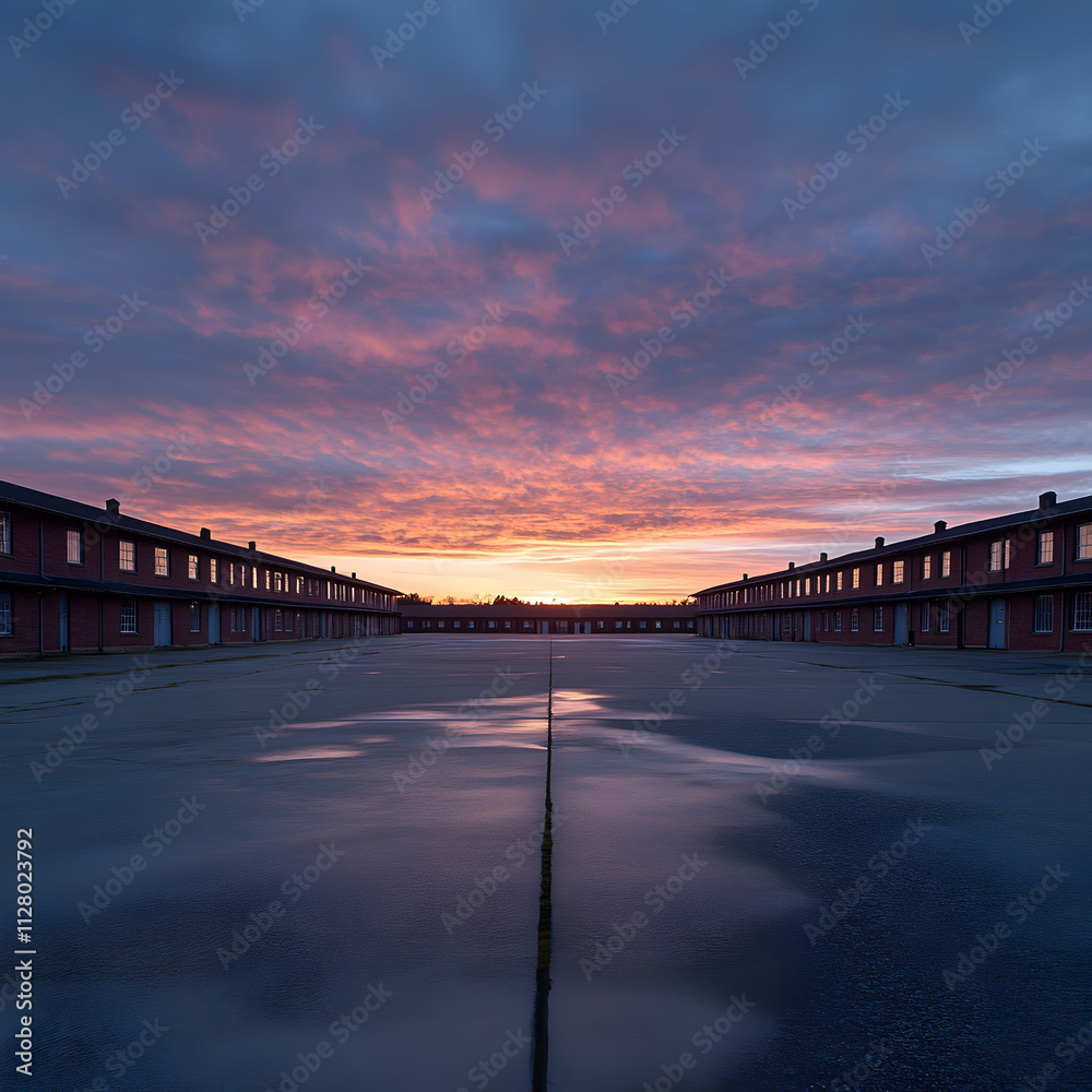 Sunrise over army barracks military base wide-angle photo dawn light panoramic view military environment