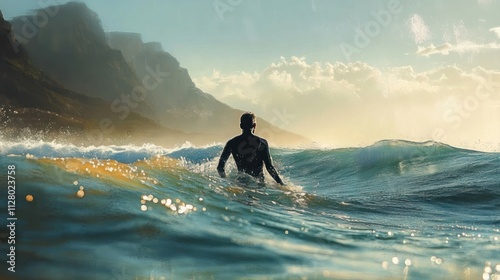 Surfer entering ocean waves under sunny sky in Cape Town adventure with vibrant colors and serene atmosphere
