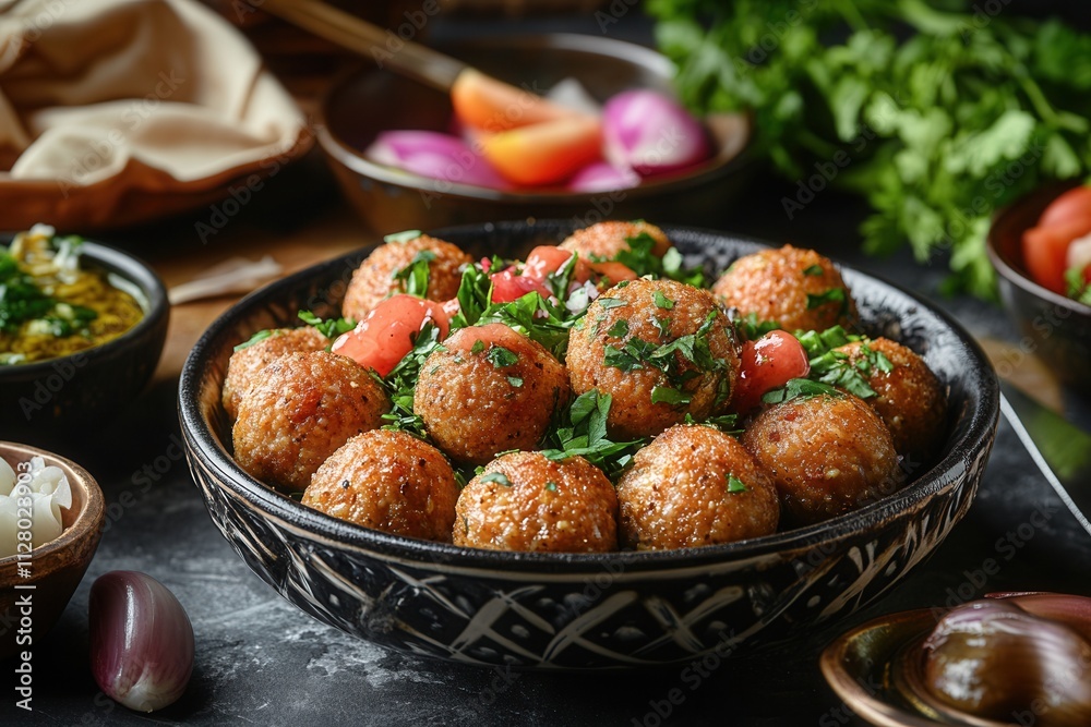 Delicious, golden-brown, falafel balls in a dark bowl, garnished with fresh herbs and vegetables, surrounded by various condiments and ingredients. Delicious, golden-brown, falafel balls in a dark bowl, garnished with fresh herbs and vegetables, surrounded by various condiments and ingredients.