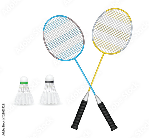 Set illustration of two crossed badminton rackets with blue and yellow frames, along with two shuttlecocks, one with a green band and the other with a black band. Ideal for use in sports and