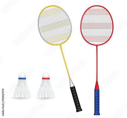 Set illustration of two badminton rackets, one with a yellow frame and the other with a red frame, accompanied by two shuttlecocks with blue and red bands. Ideal for illustrating badminton equipment