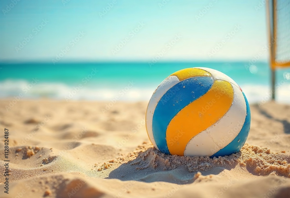 Beach volleyball sits in soft sand beside the sparkling ocean under a bright blue sky Beach volleyball sits in soft sand beside the sparkling ocean under a bright blue sky