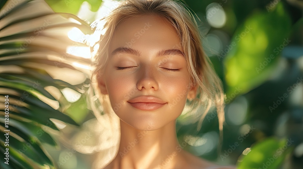A blonde woman with closed eyelids is soaking in the sun's warmth, her calm face framed by a verdant outdoor scene. A blonde woman with closed eyelids is soaking in the sun's warmth, her calm face framed by a verdant outdoor scene.