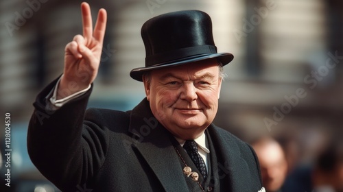 Winston Churchill, bowler hat, peace sign.