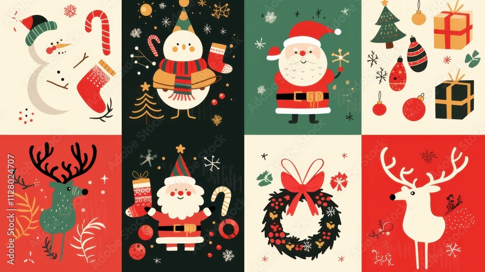 Fototapeta premium Whimsical Christmas Celebration: Festive Cartoon Illustrations