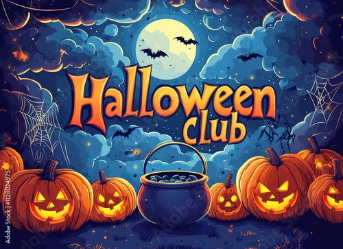 Celebrate the Spookiness of Halloween With a Vibrant Halloween Club Theme Featuring Glowing Pumpkins and a Bewitched Cauldron Under a Full Moon photo