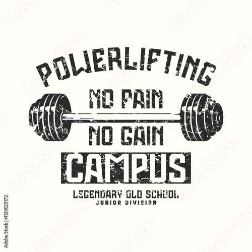 Typographic emblem for powerlifting club with stylized barbell. Graphic design with rough texture for t-shirt. Black print on white background