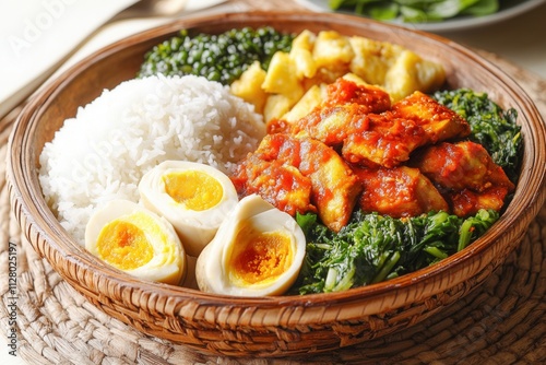 Delicious Indonesian Nasi Campur steamed rice, savory chicken, tofu, boiled eggs, and greens in a rustic wooden bowl. photo