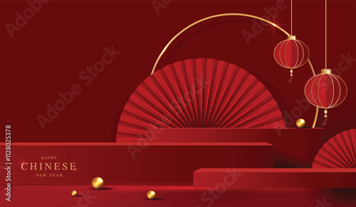 Chinese new year 2025 year of the snake for product. podium, backdrop, products showcase and promotion display on red background. lunar new year concept. vector design.