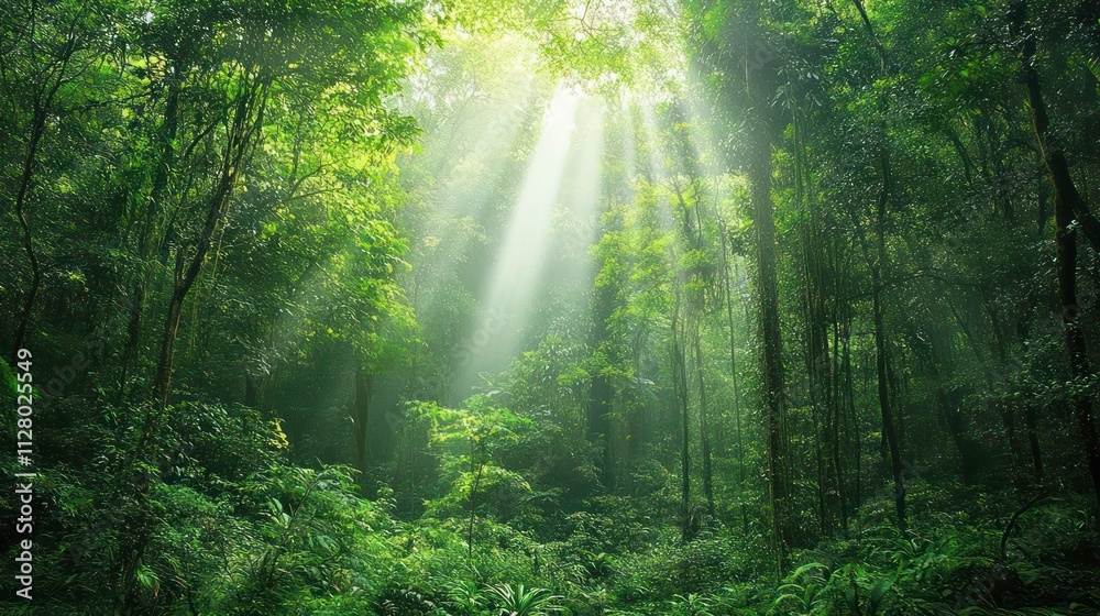 Obraz premium Sunbeams piercing through lush green rainforest canopy.