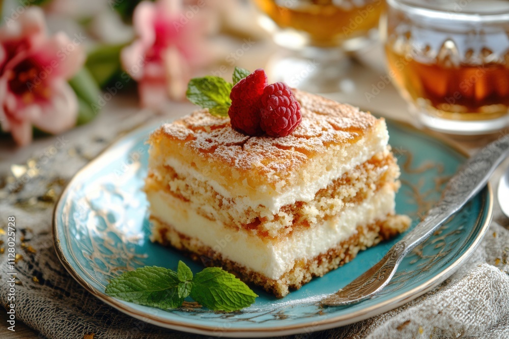 Delicious layered cake with raspberries and mint on a decorative plate. Delicious layered cake with raspberries and mint on a decorative plate.
