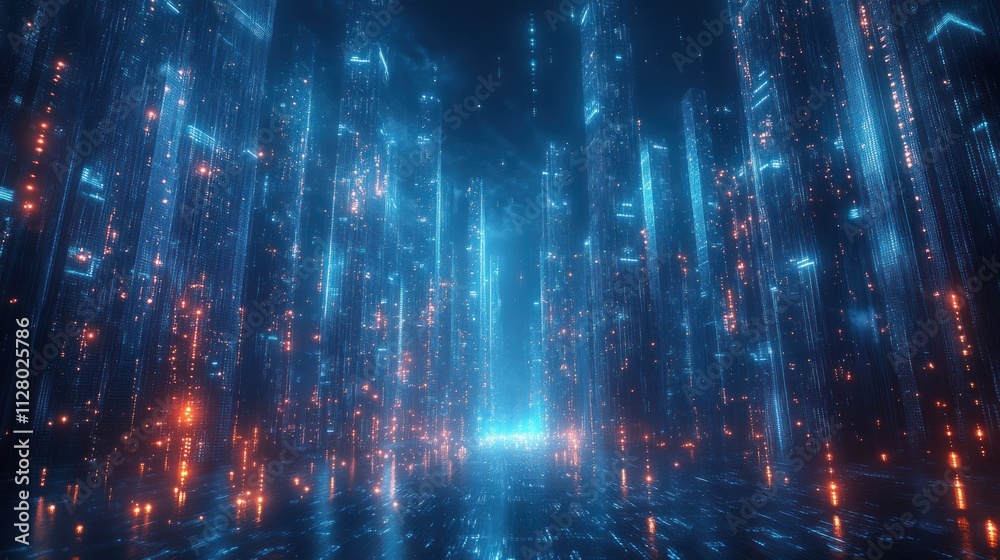 Futuristic cityscape with glowing skyscrapers and digital rain. Futuristic cityscape with glowing skyscrapers and digital rain.