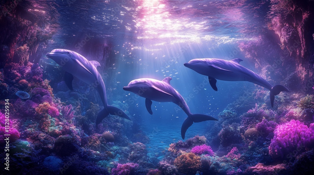 Fototapeta premium Dolphins swimming gracefully in vibrant coral reef underwater scene 