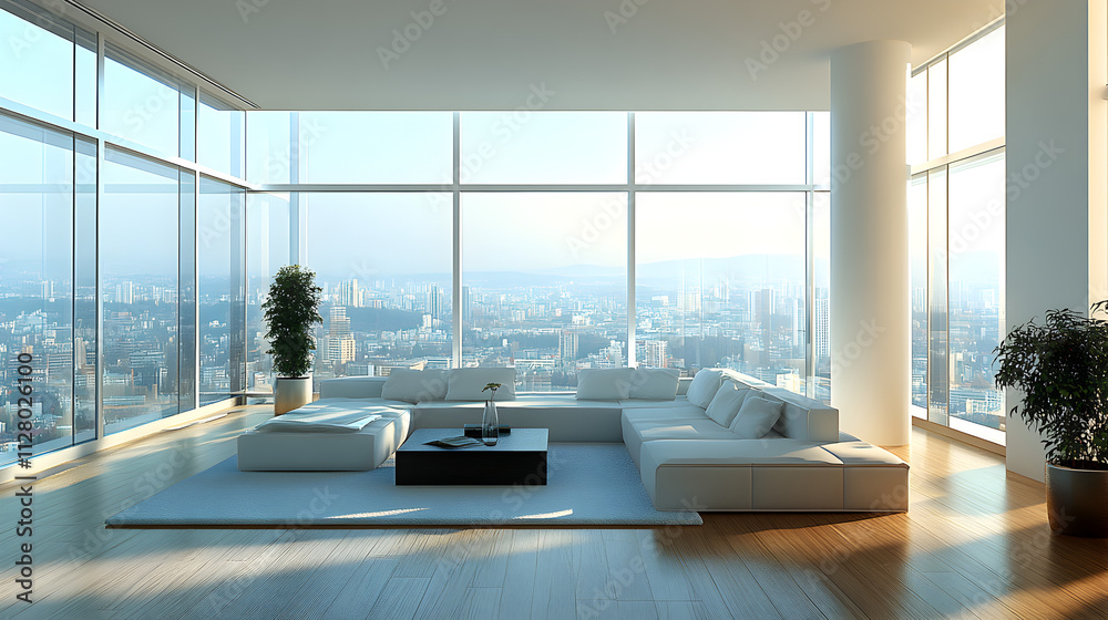 Fototapeta premium Modern Luxury Apartment City View Panoramic Window