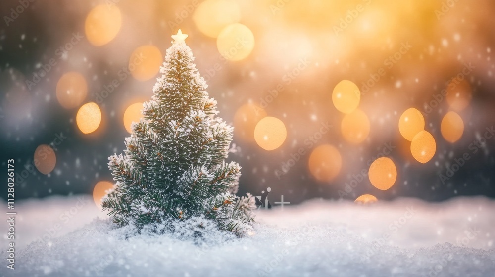 Festive christmas scene with white snowy ground, blurred decorated christmas tree, and warm glowing bokeh lights in the background
Festive christmas scene with white snowy ground, blurred decorated christmas tree, and warm glowing bokeh lights in the background