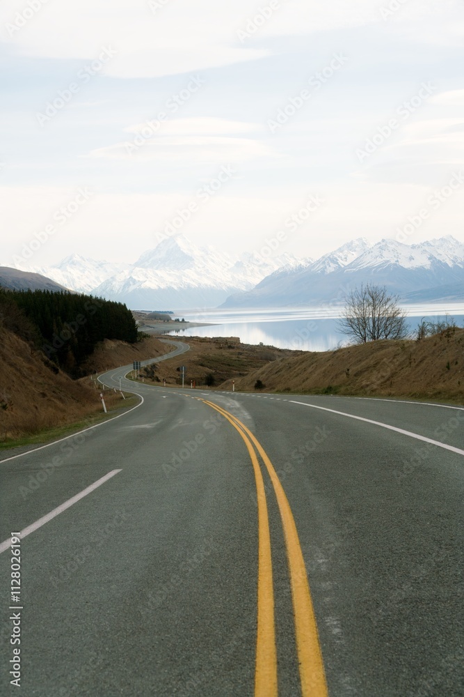 Naklejka premium State Highway 80 Along Tasman River with Mount Cook, Clear Winter Day Landscape