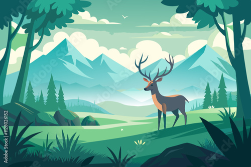 Deer grazing in a misty meadow wallpaper