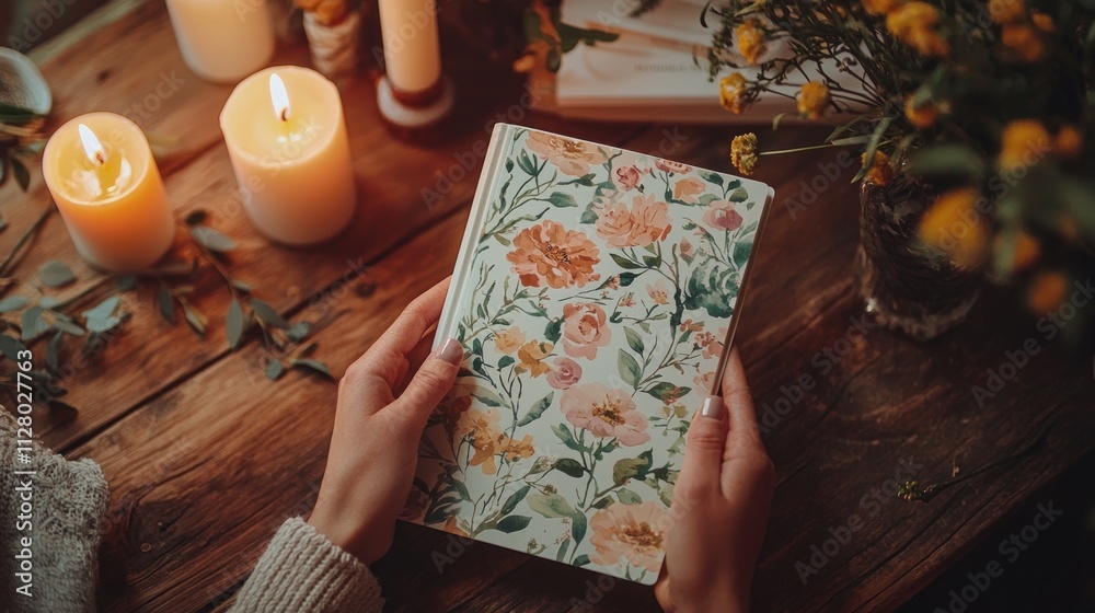 Cozy Atmosphere with Floral Journal Surrounded by Candles, Hands Holding a Decorative Notebook on Wooden Table with Flowers and Warm Lighting Cozy Atmosphere with Floral Journal Surrounded by Candles, Hands Holding a Decorative Notebook on Wooden Table with Flowers and Warm Lighting