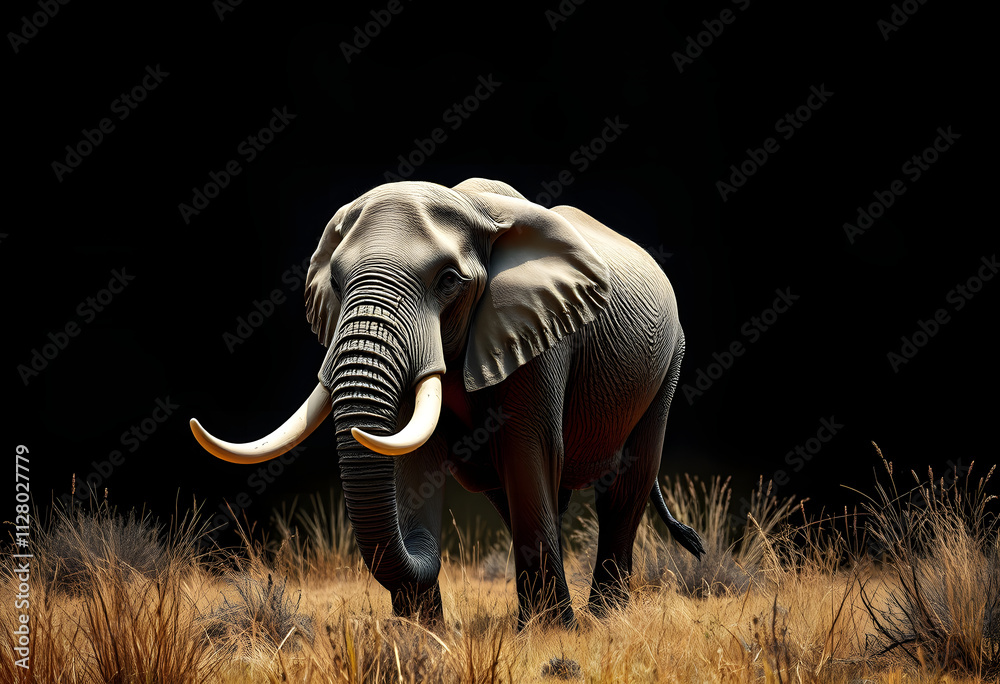 Fototapeta premium A magnificent elephant with long tusks stands amidst dry grass under a black background, generative ai