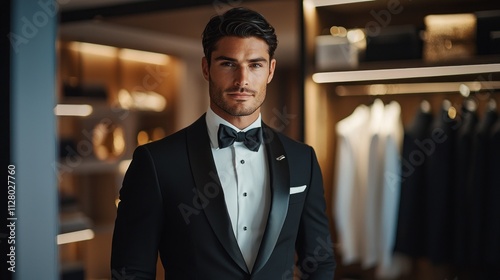 Stylish Man in Black Tuxedo with Bow Tie Posing Confidently in a Luxury Closet Surrounded by Neatly Arranged Formal Attire and Elegant Accessories