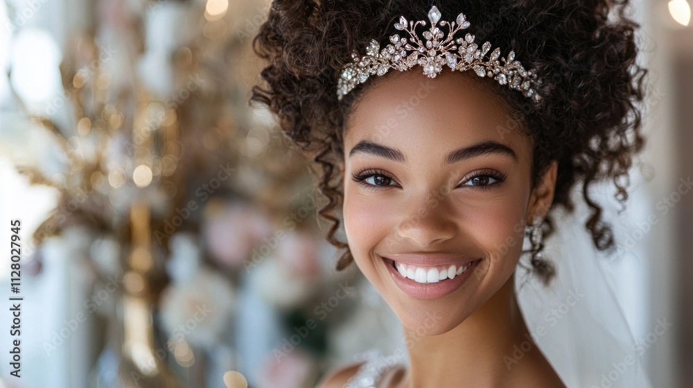 Radiant Bride with Curly Hair Wearing a Sparkling Tiara and Elegant Earrings Posing in a Bright Wedding Venue Surrounded by Floral Decor and Soft Lighting Radiant Bride with Curly Hair Wearing a Sparkling Tiara and Elegant Earrings Posing in a Bright Wedding Venue Surrounded by Floral Decor and Soft Lighting