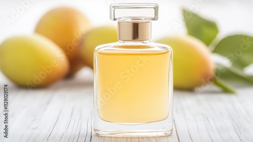 Yellow Perfume Bottle with Mangoes Fragrance Beauty Still Life photo