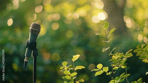 Soft rustling of leaves and gentle chirping of birds provide a calming soundtrack to the defocused outdoor church service.